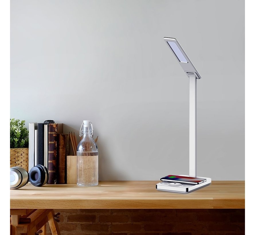 Bureaulamp met draadloze QI lader Wit - Verstelbaar - Lichtkleur instelbaar - Dimbaar