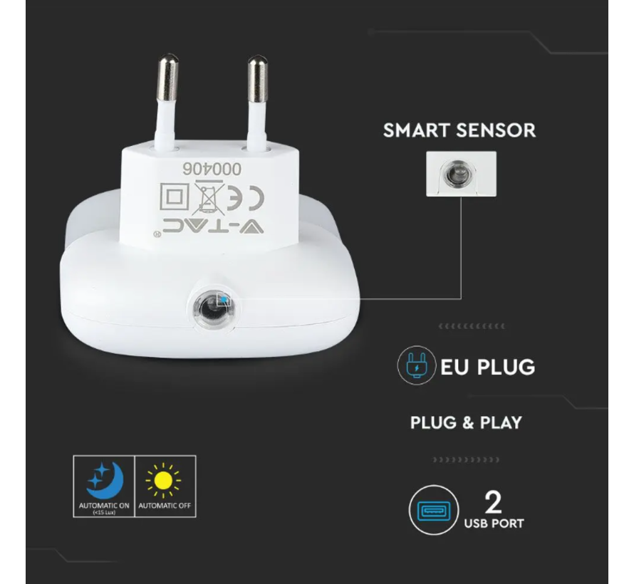 LED Nachtlamp - Met 2 USB poorten - Voorzien van lichtsensor - Warm wit licht