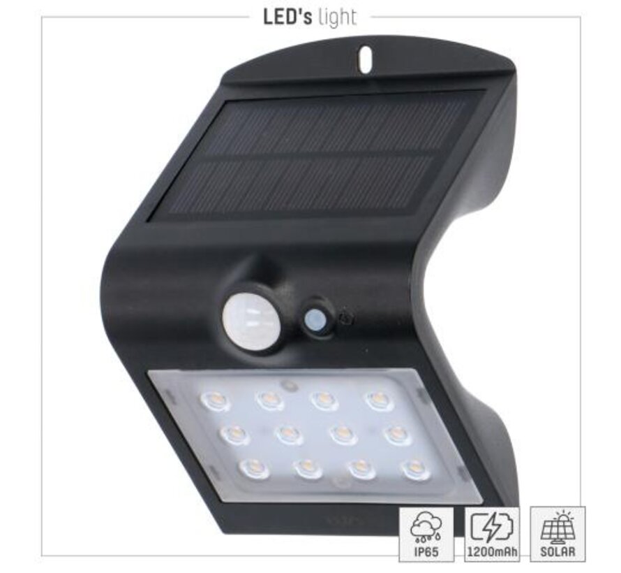 Solar buitenlamp - schijnwerper - Kyoto 1,5W 220lm 3000K IP65 - sensor - Zwart