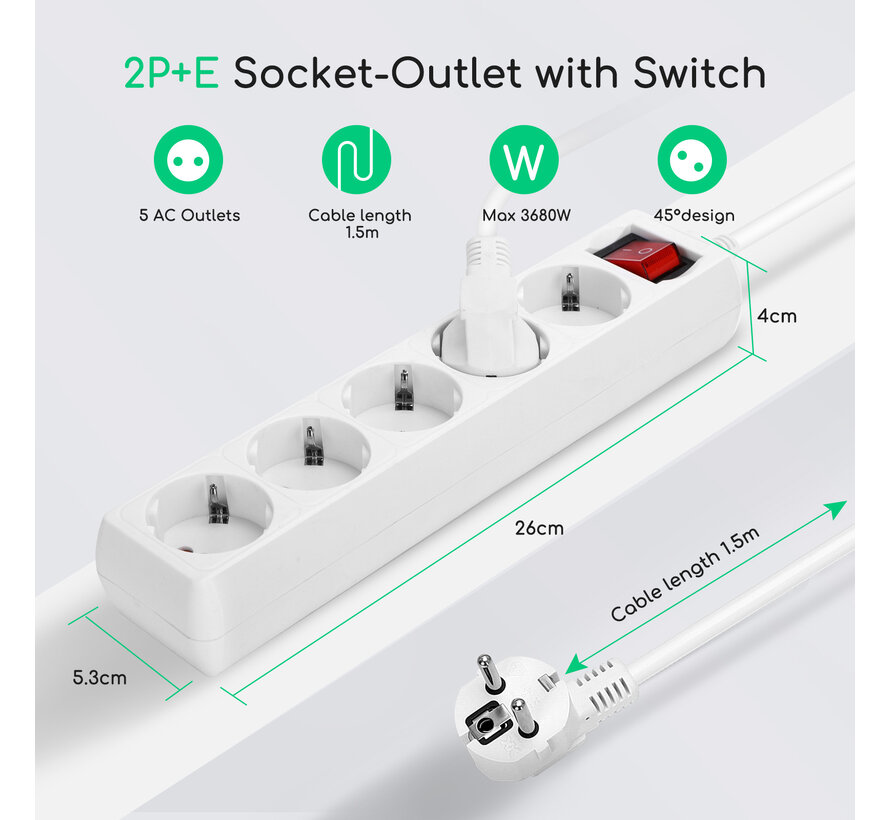 5-voudige stekkerdoos met 5M kabel en stekker - Met randaarde - Ingebouwde schakelaar