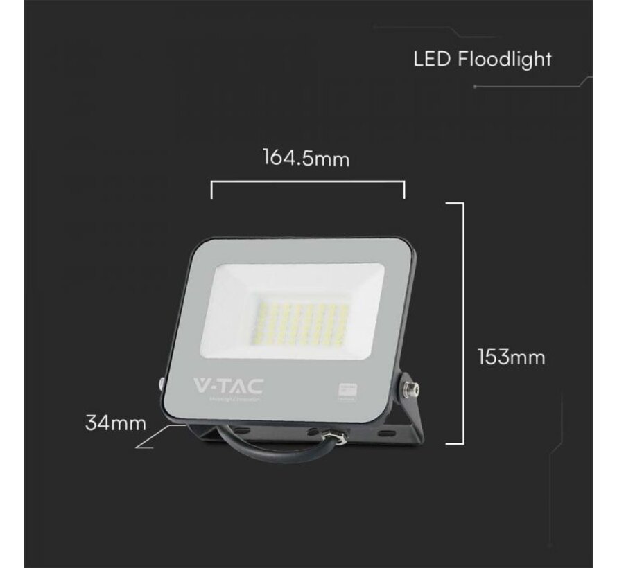 V-TAC 30W Floodlight met Samsung Chip en 1M Draad - 6500K - Zwart