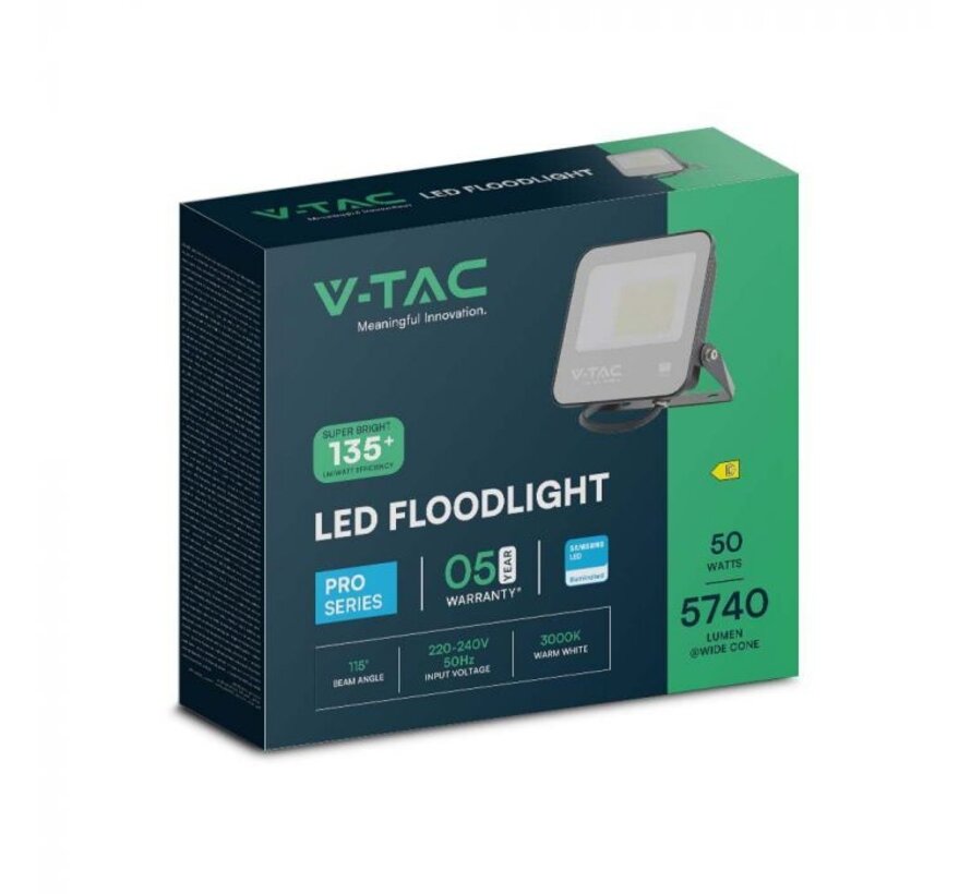 V-TAC 50W Floodlight met Samsung Chip, 1M draad, 3000K, zwart, grijs glas, 135lm/W