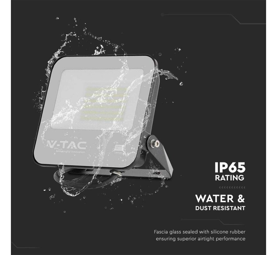 V-TAC 50W Floodlight met Samsung Chip, 1M draad, 3000K, zwart, grijs glas, 135lm/W