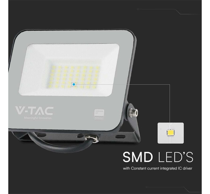 30W V-TAC Floodlight met Samsung Chip - 1M Draad - 4000K - Zwart