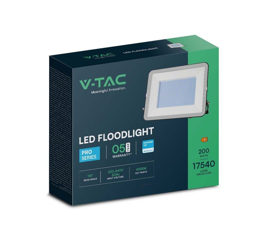 V-TAC 200W Floodlight met Samsung Chip, 1m Kabel, 6500K, Zwart Body, Grijs Glas