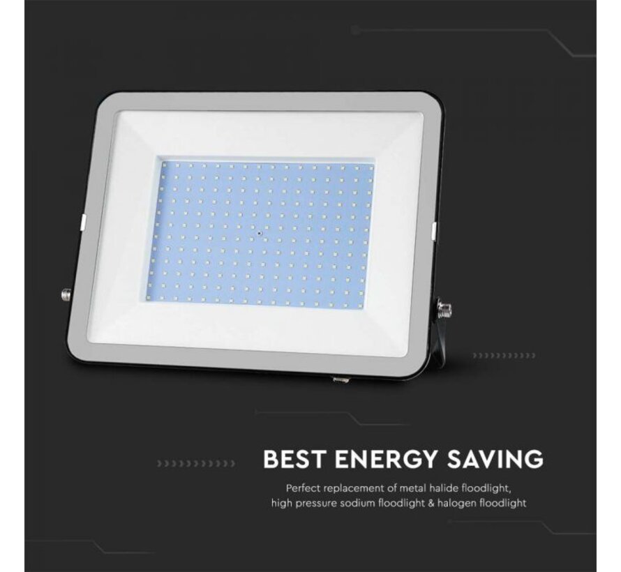 V-TAC 200W Floodlight met Samsung Chip, 1m Kabel, 6500K, Zwart Body, Grijs Glas