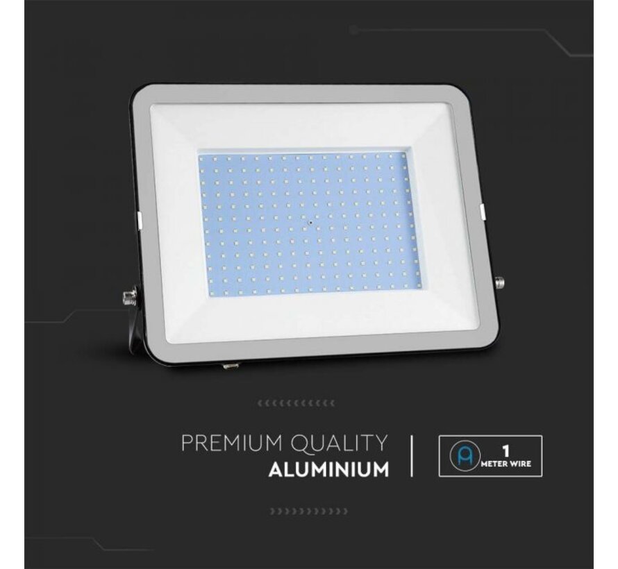 V-TAC 200W Floodlight met Samsung Chip, 1m Kabel, 6500K, Zwart Body, Grijs Glas