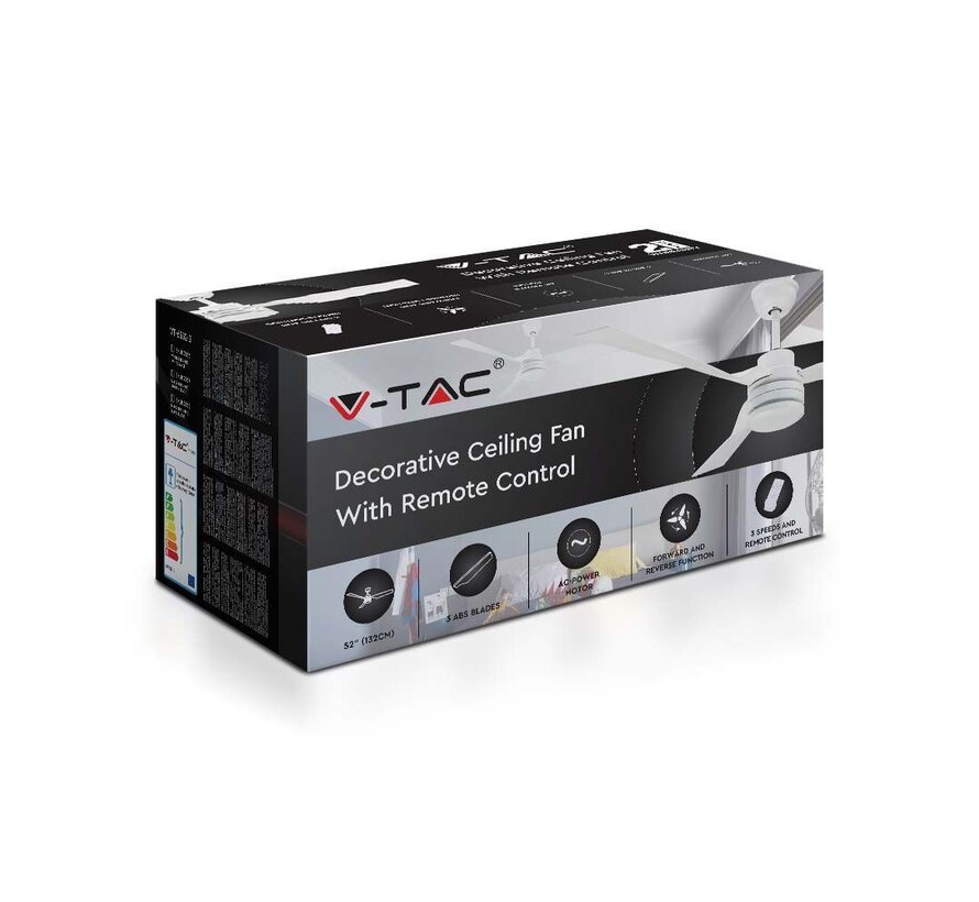 V-tac 65W Plafondventilator met RF Controle, 3 Witte Bladen (52 In)