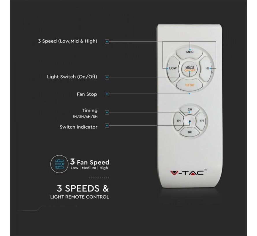 V-TAC 60W LED Plafondventilator met Lichtkit - RF Controle - 5 Bladen - AC Motor - Perfect voor Woonkamers en Kantoren