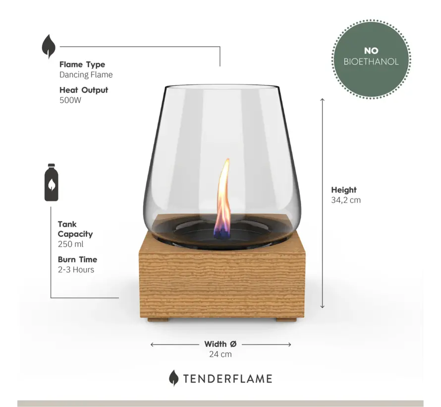 Tenderflame Poppy – 3-lont Eiken Tafelhaard Ø24×34,2 cm, 500 W Rook- & Geurvrij