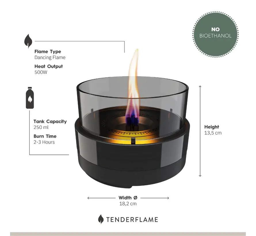 Tenderflame Rosie 18 Black Smoke Ceramic – Ø 19,7 × 13,8 cm Porselein & Smoke Glass Tafelhaard, 500 W Rook- & Geurvrij