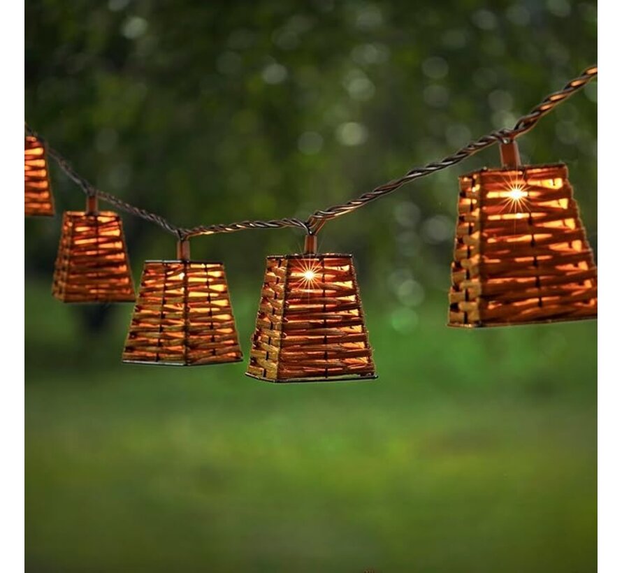 Solar Lichtsnoer met Rieten Mandjes – 10 Lampen | 3,8 Meter – Duurzame Sfeerverlichting op Zonne-energie