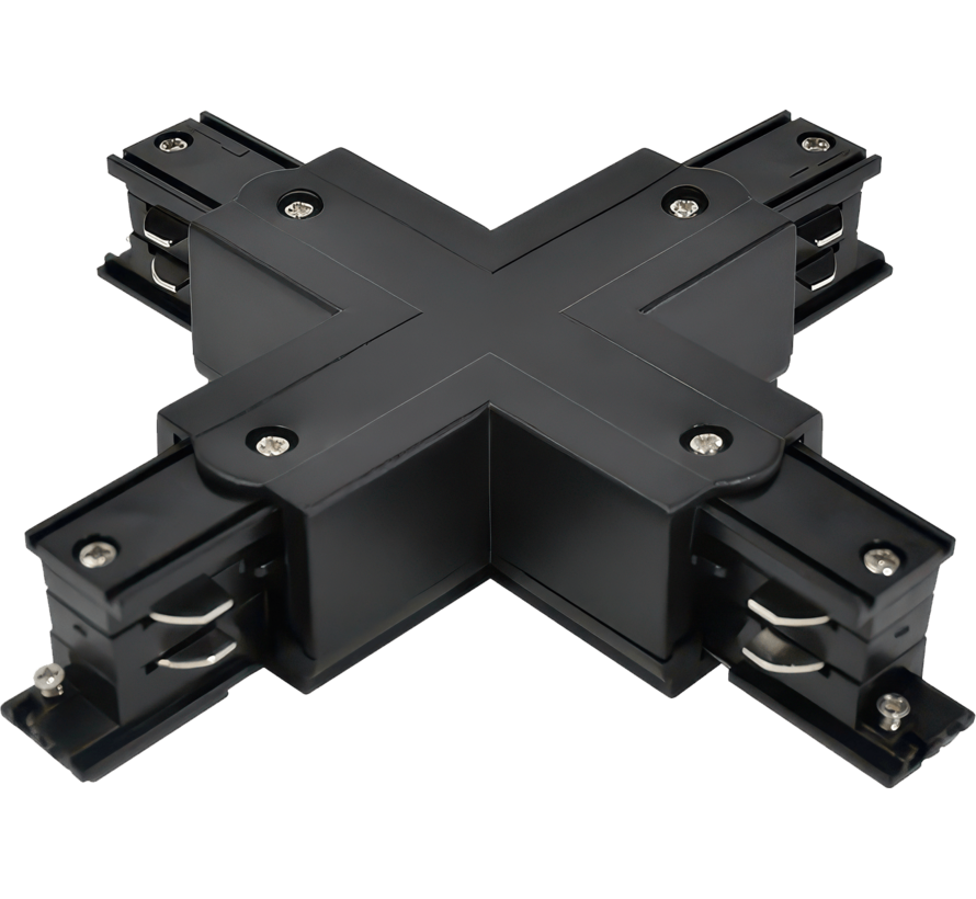 X-Connector voor 3-Fase Spanningsrails – 4-Weg Koppeling – Zwart
