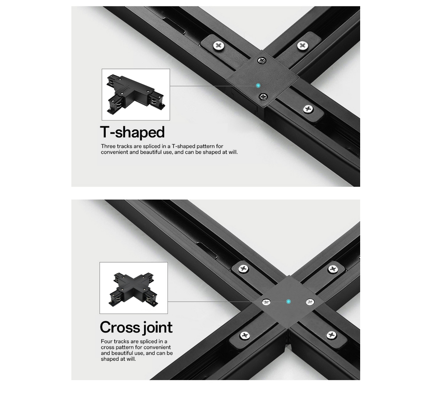 X-Connector voor 3-Fase Spanningsrails – 4-Weg Koppeling – Zwart