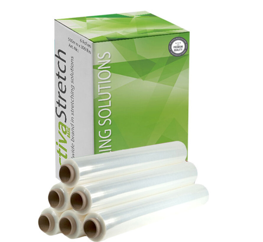 Stretchfolie Wickelfolie Handrollen 6 Stück Basic 20 µm einseitig klebend und transparent – 50 cm x 300 m – Karton mit 6 Rollen Palettenfolie