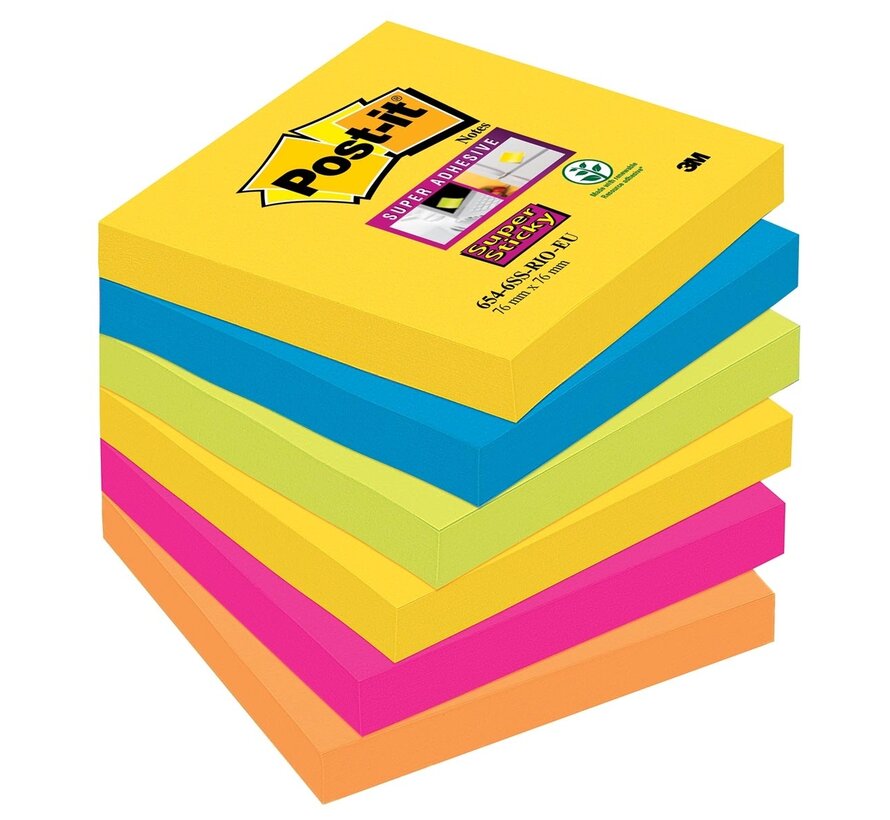 Post-it Super Sticky Notes Carnival - 76 x 76 mm - Packung mit 6 Blöcken - 90 Blatt pro Block