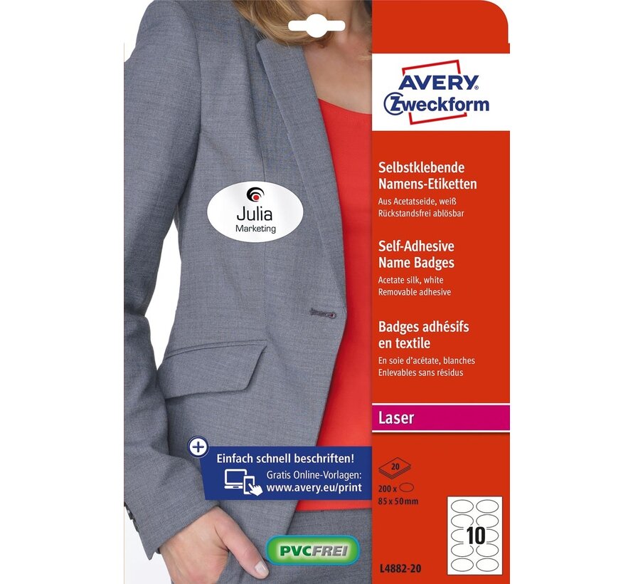 Avery Zweckform - Selbstklebende Namensschilder - Oval 85 x 50 mm - Weiß - Inkjet - 200 Etiketten - 20 Bögen