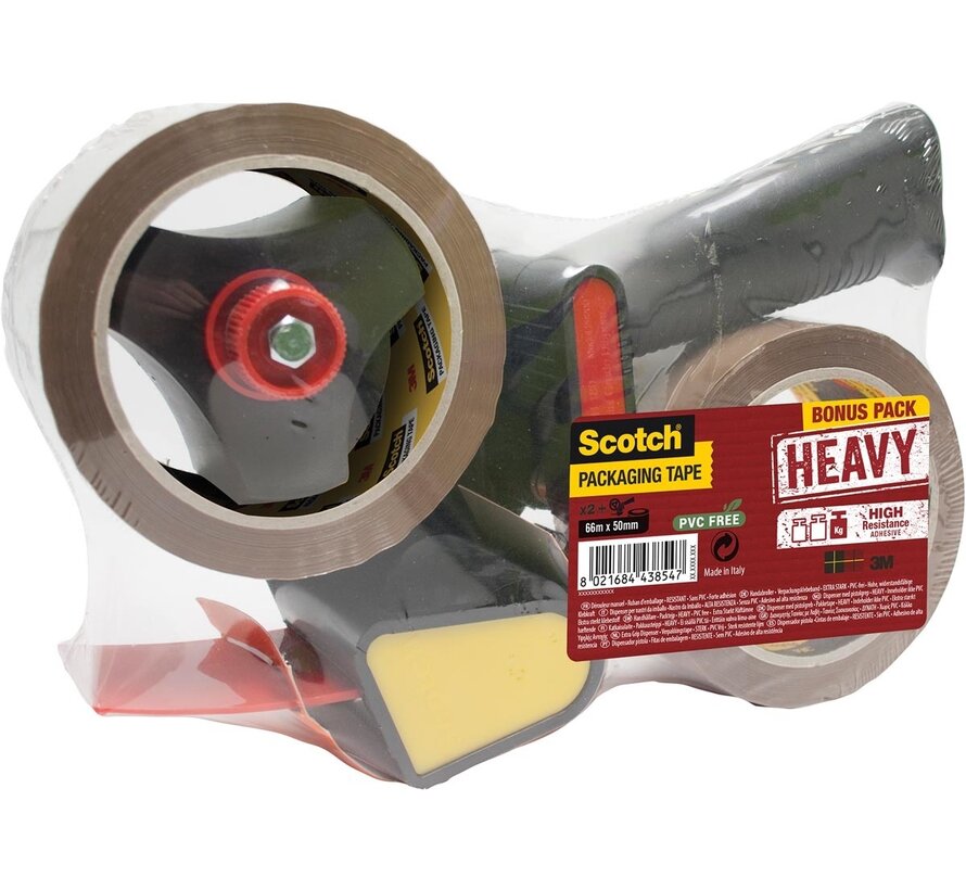 Pistolengriff-Abroller + 2 Rollen Scotch Verpackungsklebeband Heavy - 50 mm x 66 m braun