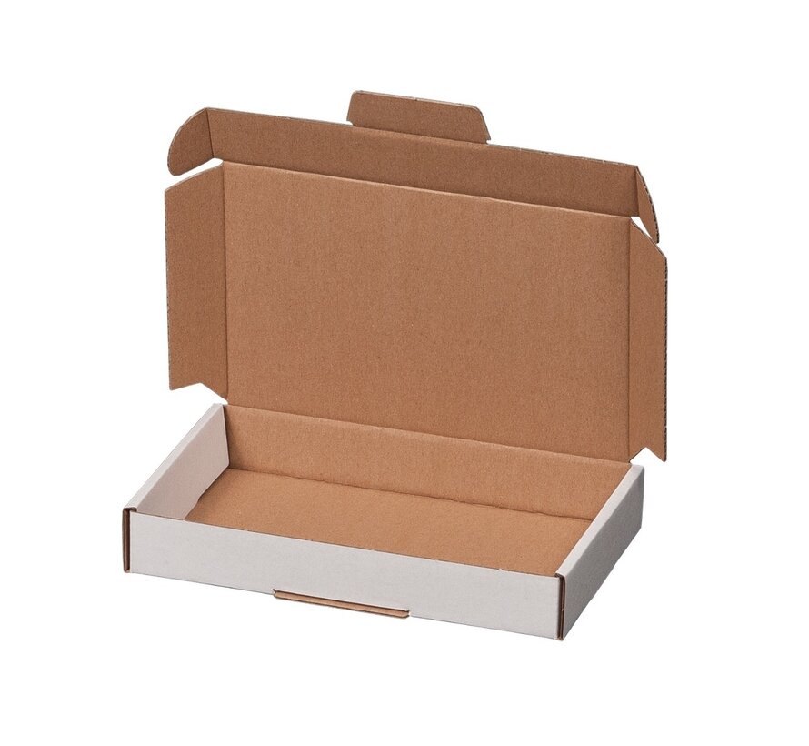 Briefkastenbox Wellpappe E-Welle 350 x 225 x 30 mm XL Weiß - inklusive zusätzlichem Verschluss - Bündel mit 50 Versandkartons