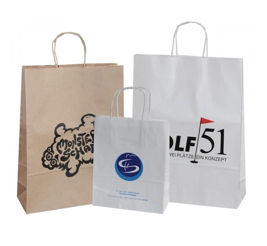 Bedruckte Papiertaschen – 26 x 12 x 34 cm – 100 Stück – Auswahl an Farben und Griffen