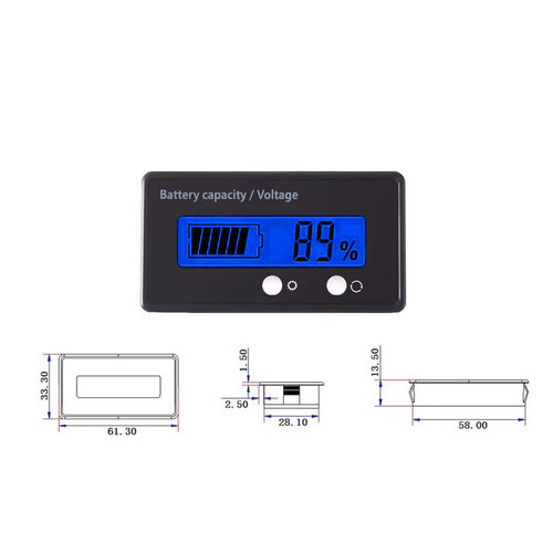 HTF Accu Capaciteitsmeter, 12 Volt met blauw verlicht LCD display, en percentage meting