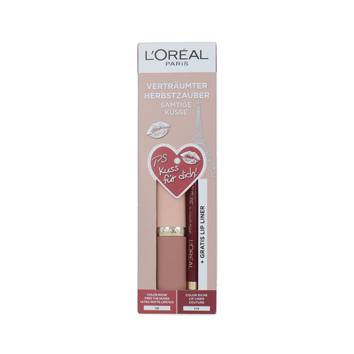 L'Oréal Color Riche Free The Nudes Lipstick + Lip Liner Ensemble-Cadeau - 08 NO Lies-374 Intense Plum (Version allemande)
