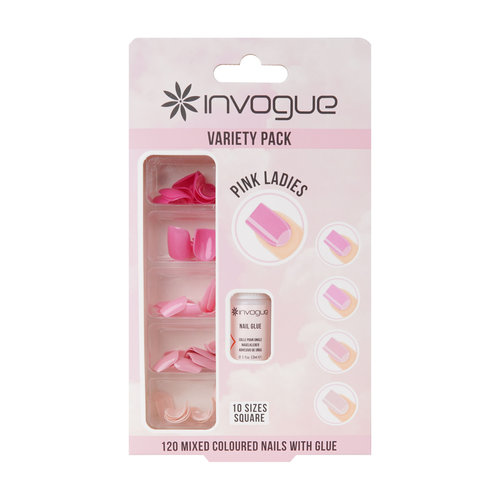 Invogue 120 Mixed Square Coloured Nails With Glue - Pink Ladies