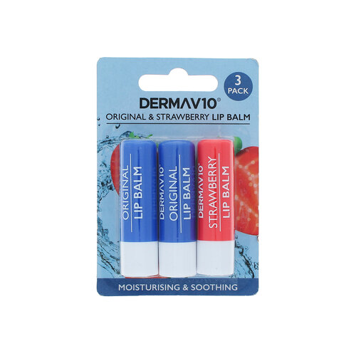 Derma V10 Original & Strawberry Lip Balm - 3 x 4 gr