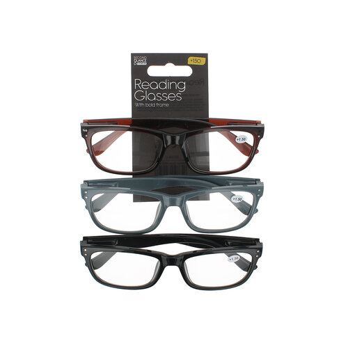 Second Glance 3 Pieces Bold Frame Reading Glasses + 1.50 - Black-Brown-Grey