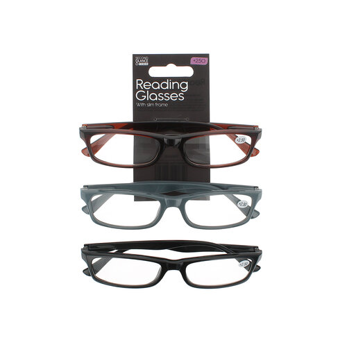 Second Glance 2 Pieces slim Frame Reading Glasses + 2.50 - Black-Brown-Grey