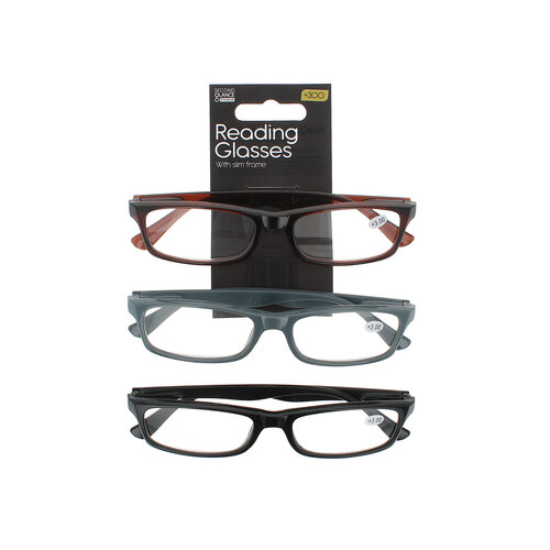 Second Glance 3 Pieces slim Frame Reading Glasses + 3.00 - Black-Brown-Grey