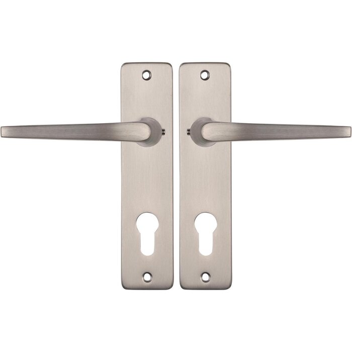 Deurklink set Nora op schild in RVS look met cilindergat Duimmodel