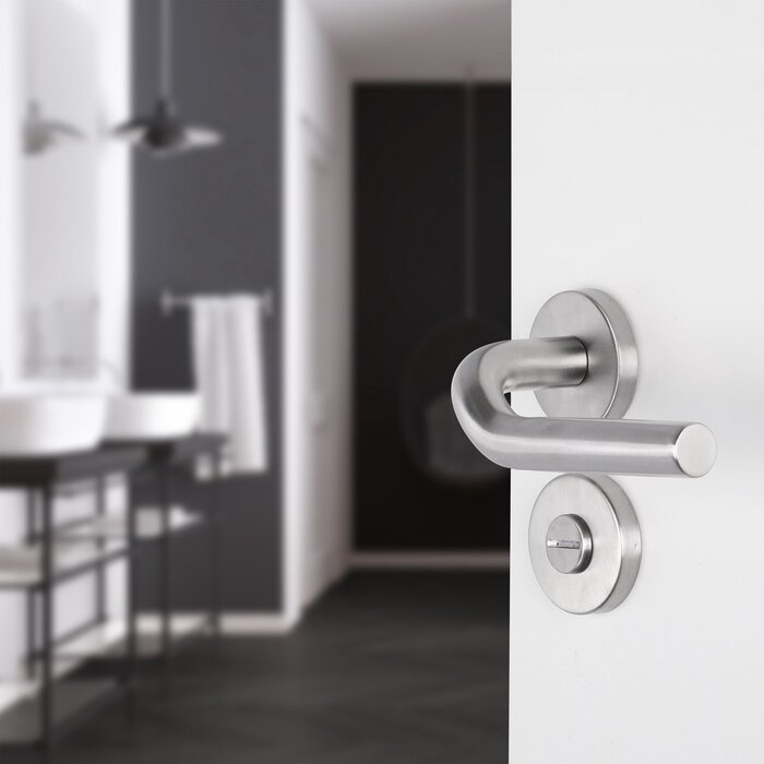 Deurklink set Rome met ronde rozet in RVS met badkamer / wc slot