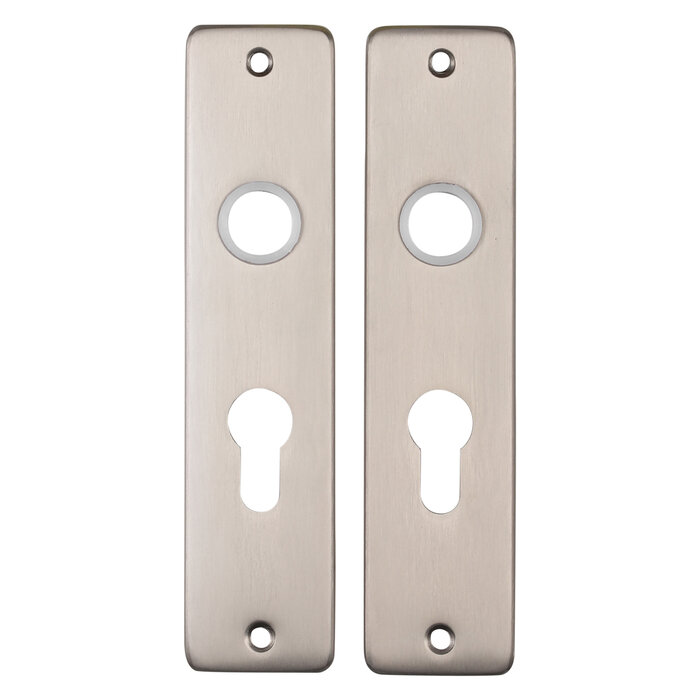 Deurklink set Nora op schild in RVS look met cilindergat Duimmodel