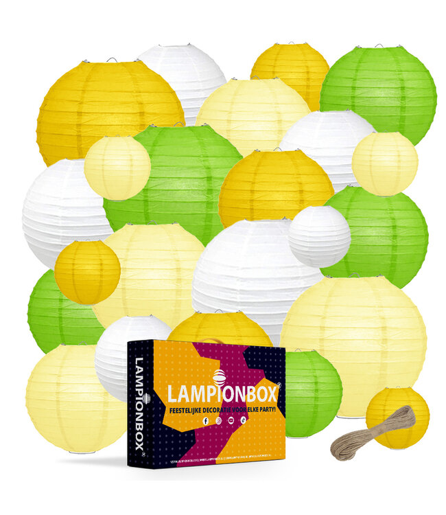 Lampionbox® Modulaire Lampionnen Set 24 Stuks Donkergeel - Wit - Lichtgroen - Lichtgeel