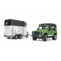 Bruder Land Rover Defender mit Pferdeanhänger und Pferd 1:16