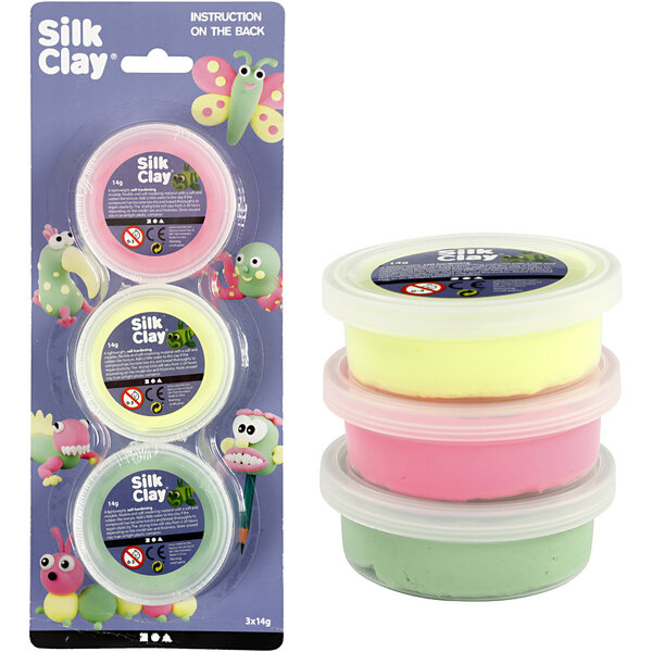 Silk Clay Silk Clay®, lichtgroen, neon roze, neon geel, 3x14 gr/ 1 doos