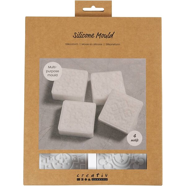 Creativ Company Siliconen vormen, Vierkant met grafisch design, H: 2,4 cm, L: 6,8 cm, B: 6,8 cm, 4 stuk/ 1 doos