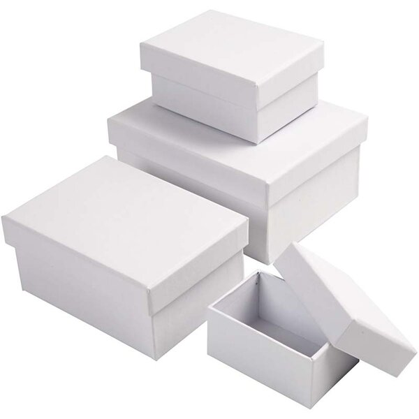 Creativ Company Rechthoekige Dozen, H: 3,5+4,5+5,5+6,5 cm, afm 7,5x5 + 9,5x7 + 11,5x8,5 + 14x11 cm, wit, 4 stuk/ 1 set