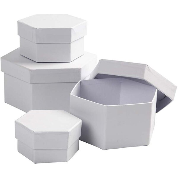 Creativ Company Hexagonale Dozen, H: 4+5+6+7 cm, d 6,5+8+10+12 cm, wit, 4 stuk/ 1 set