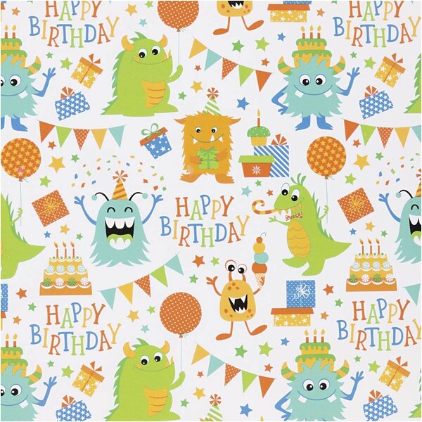 Creativ Company Inpakpapier, Verjaardag, B: 50 cm, 80 gr, vrolijke kleuren, 100 m/ 1 rol