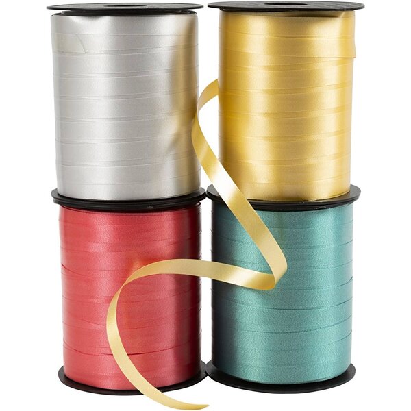 Creativ Company Cadeaulint, B: 10 mm, glossy, goud, groen, rood, zilver, 4x250 m/ 1 doos