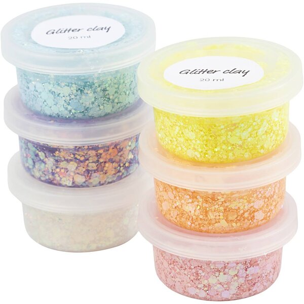 Creativ Company Glitter Clay, pastelkleuren, 6x20 ml/ 1 doos