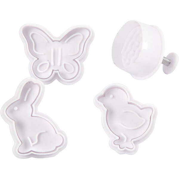 Creativ Company Uitsteekvormen met stempel, Paasei, haas, kip, vlinder, H: 5 cm, wit, 4 stuk/ 1 doos