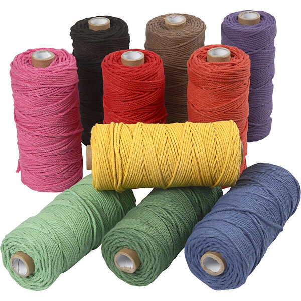 Creativ Company Macramé koord, L: 100 M, dikte 2 mm, Dikke kwaliteit 12/36, sterke kleuren, 10x225 gr/ 1 doos