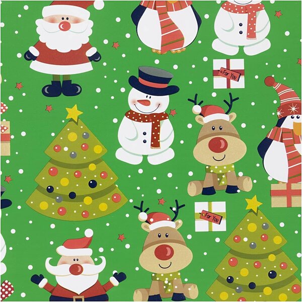 Creativ Company Inpakpapier, Kerstman, kerstboom, kerstcadeau, rendier, sneeuwpop en pinguïn, B: 50 cm, 80 gr, groen, 100 m/ 1 rol
