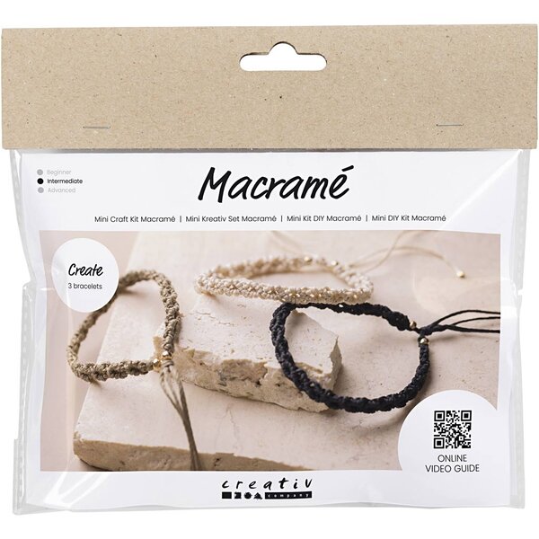 Creativ Company Mini Hobbyset Macramé, Armband, zwart, olijfbruin, zandkleur, 1 doos