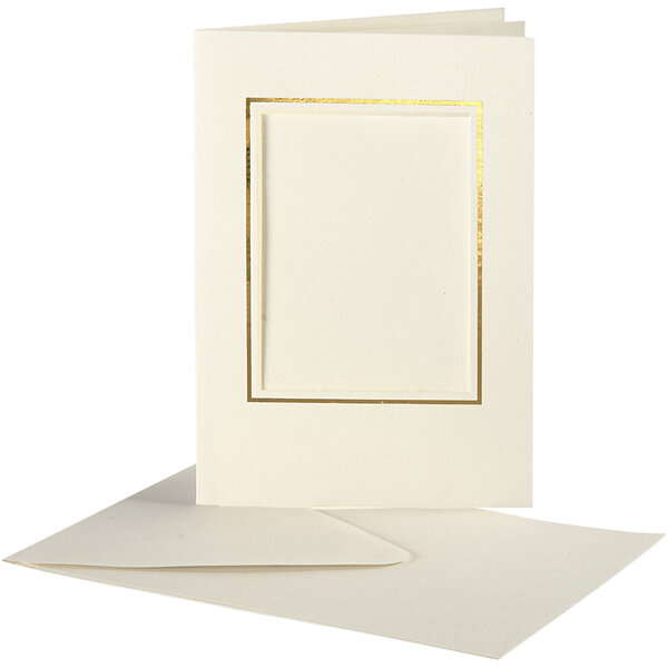 Passepartout kaarten , rechthoek met gouden rand, afmeting kaart 10,5x15 cm, afmeting envelop 11,5x16,5 cm, off-white, 10 set/ 1 doos