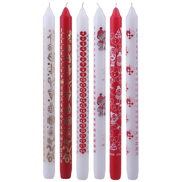 Creativ Company Adventkaarsen, H: 30 cm, d 22 mm, rood, wit, 24 stuk/ 1 doos
