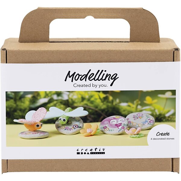 Creativ Company Mini Hobbyset Boetseren, Steen met insect, grijs, lichtroze, licht turquoise, 1 doos